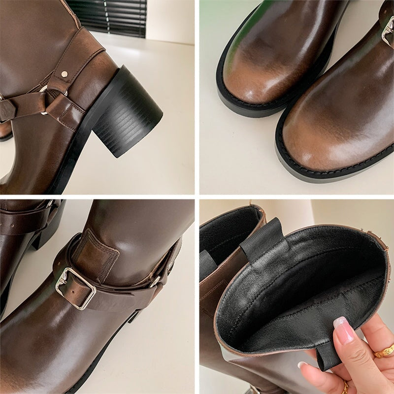 Women's Knee-High Leather Moto Boots with Buckle Strap and Block Heel in Brown/Black