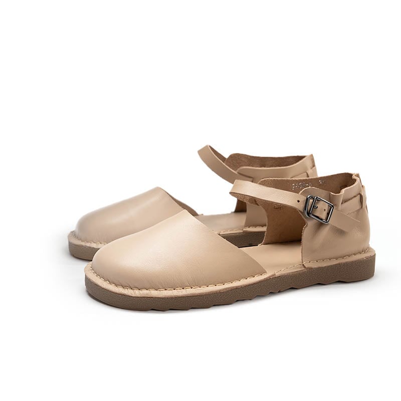 Women's Vintage Flat Mary Jane Shoes Leather Casual Buckle Sandals in Coffee/Apricot/Khaki