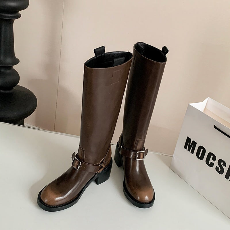 Women's Knee-High Leather Moto Boots with Buckle Strap and Block Heel in Brown/Black