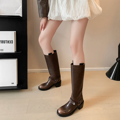 Women's Knee-High Leather Moto Boots with Buckle Strap and Block Heel in Brown/Black