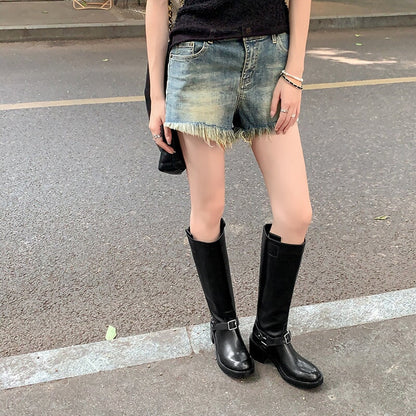 Women's Knee-High Leather Moto Boots with Buckle Strap and Block Heel in Brown/Black