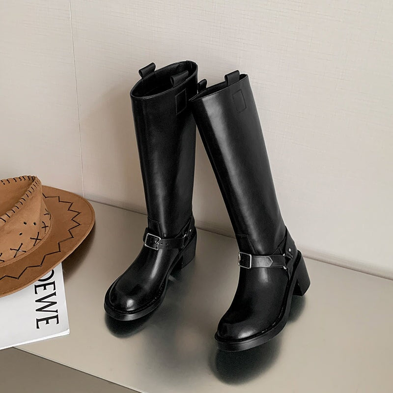 Women's Knee-High Leather Moto Boots with Buckle Strap and Block Heel in Brown/Black