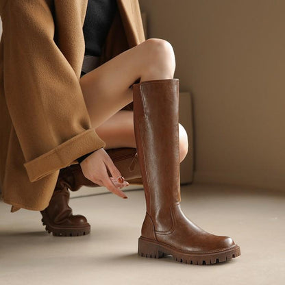 Riding Boots for Women in Black/Brown Leather - Chunky Sole Tall Boots