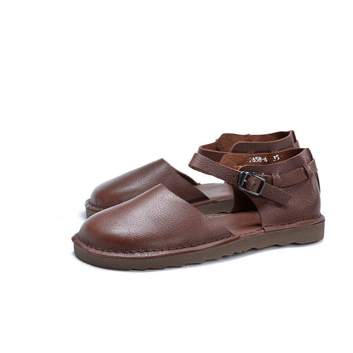 Women's Vintage Flat Mary Jane Shoes Leather Casual Buckle Sandals in Coffee/Apricot/Khaki