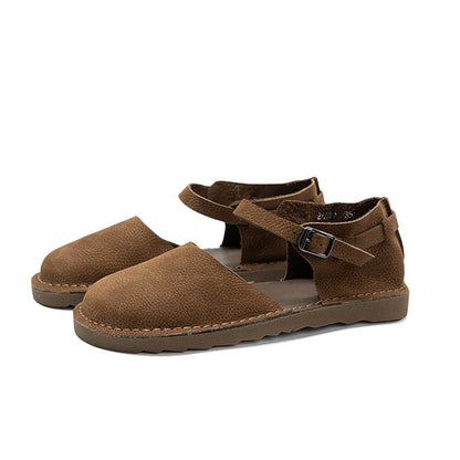 Women's Vintage Flat Mary Jane Shoes Leather Casual Buckle Sandals in Coffee/Apricot/Khaki