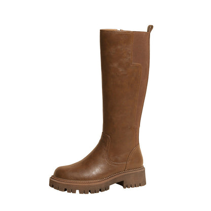 Riding Boots for Women in Black/Brown Leather - Chunky Sole Tall Boots