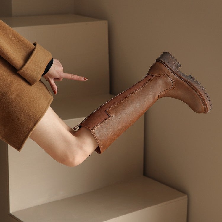 Riding Boots for Women in Black/Brown Leather - Chunky Sole Tall Boots