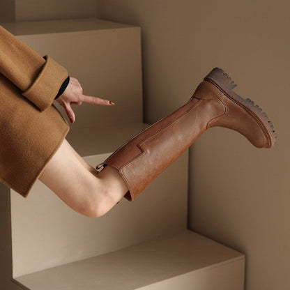 Riding Boots for Women in Black/Brown Leather - Chunky Sole Tall Boots