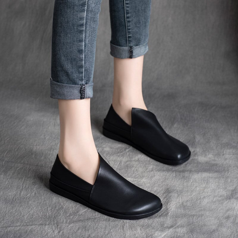 Handmade Retro Soft Leather Loafers Designers Flats For Women in Black/Coffee