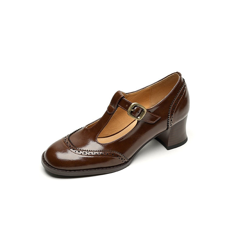 Handmade Leather Brogue T Strap Mary Jane Shoes 55 mm Block Heel In Brown/Black