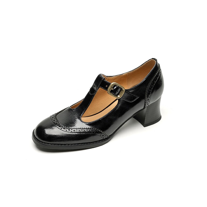 Handmade Leather Brogue T Strap Mary Jane Shoes 55 mm Block Heel In Brown/Black