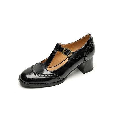 Handmade Leather Brogue T Strap Mary Jane Shoes 55 mm Block Heel In Brown/Black