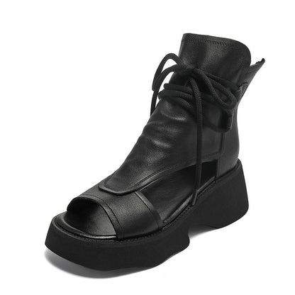 Leather Platform Sandals Boots For Women Peep Toe Gladiator Sandals in Black/Brown/Khaki