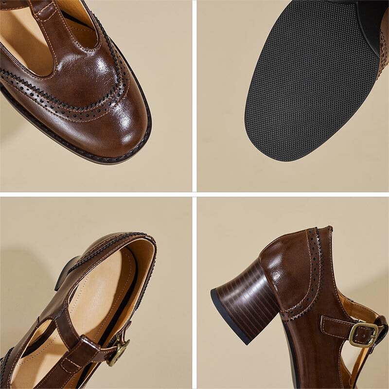 Handmade Leather Brogue T Strap Mary Jane Shoes 55 mm Block Heel In Brown/Black