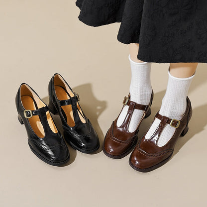 Handmade Leather Brogue T Strap Mary Jane Shoes 55 mm Block Heel In Brown/Black