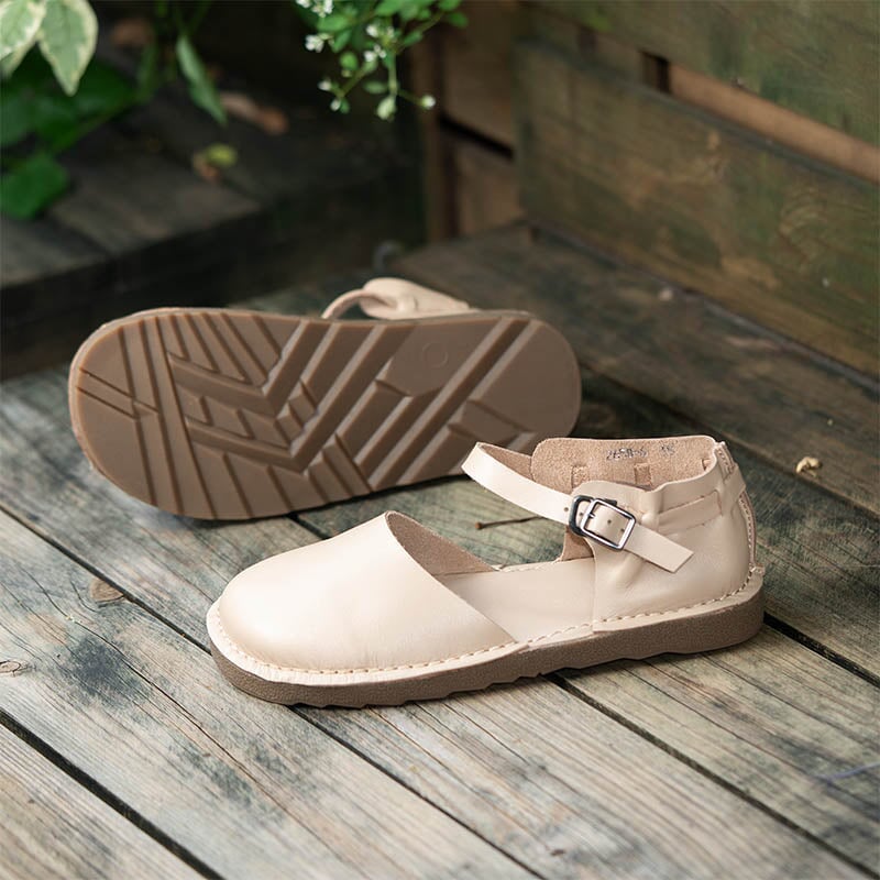 Women's Vintage Flat Mary Jane Shoes Leather Casual Buckle Sandals in Coffee/Apricot/Khaki