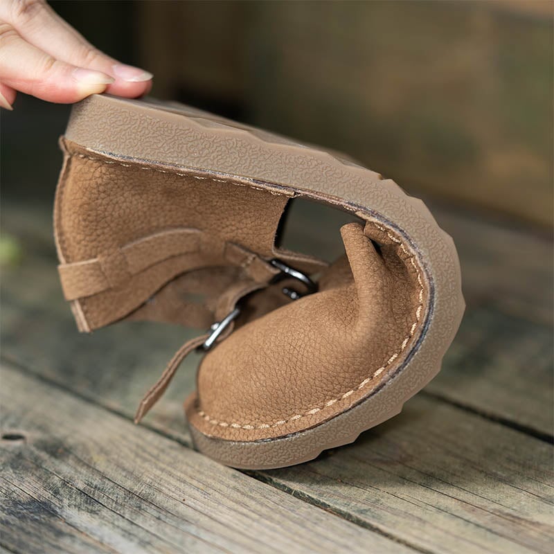 Women's Vintage Flat Mary Jane Shoes Leather Casual Buckle Sandals in Coffee/Apricot/Khaki