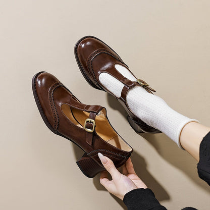 Handmade Leather Brogue T Strap Mary Jane Shoes 55 mm Block Heel In Brown/Black