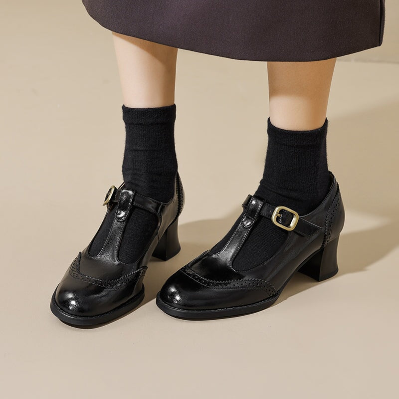 Handmade Leather Brogue T Strap Mary Jane Shoes 55 mm Block Heel In Brown/Black