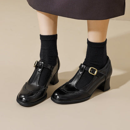 Handmade Leather Brogue T Strap Mary Jane Shoes 55 mm Block Heel In Brown/Black