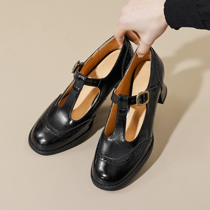 Handmade Leather Brogue T Strap Mary Jane Shoes 55 mm Block Heel In Brown/Black