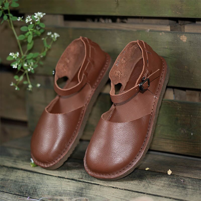 Women's Vintage Flat Mary Jane Shoes Leather Casual Buckle Sandals in Coffee/Apricot/Khaki