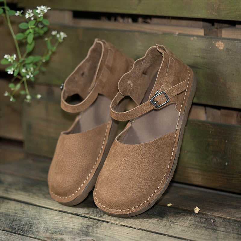 Women's Vintage Flat Mary Jane Shoes Leather Casual Buckle Sandals in Coffee/Apricot/Khaki