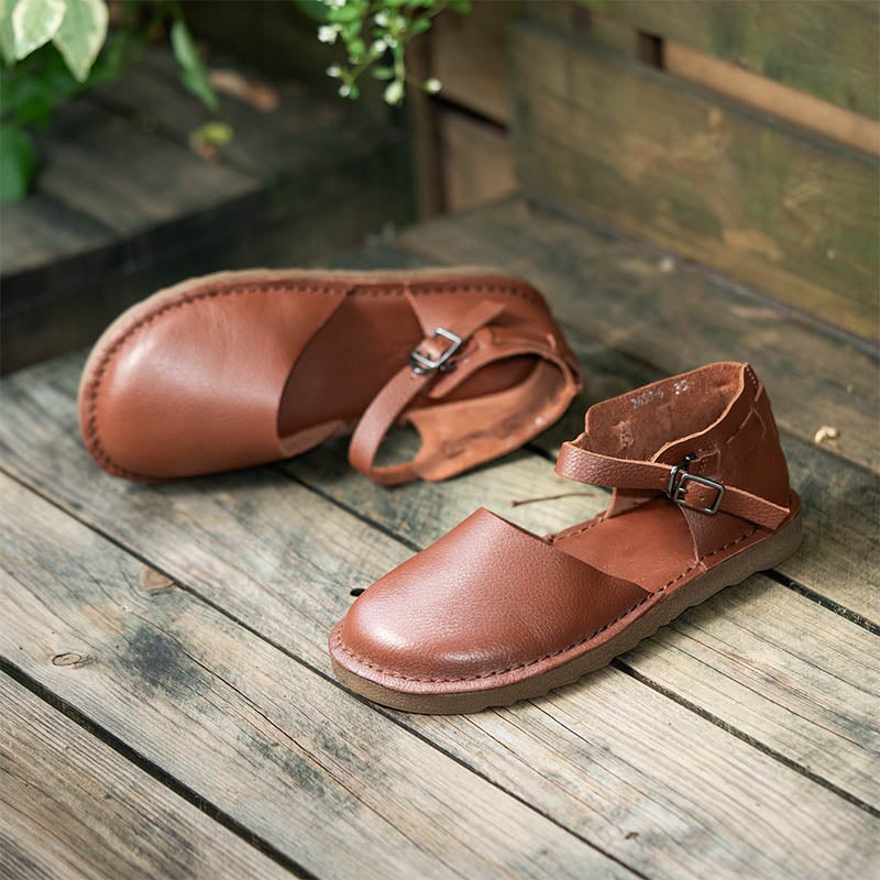 Women's Vintage Flat Mary Jane Shoes Leather Casual Buckle Sandals in Coffee/Apricot/Khaki