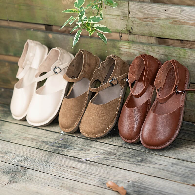 Women's Vintage Flat Mary Jane Shoes Leather Casual Buckle Sandals in Coffee/Apricot/Khaki
