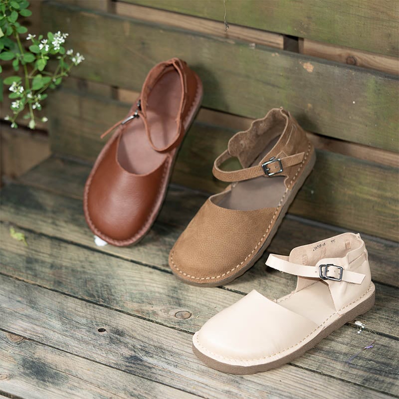 Women's Vintage Flat Mary Jane Shoes Leather Casual Buckle Sandals in Coffee/Apricot/Khaki