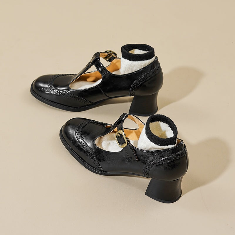 Handmade Leather Brogue T Strap Mary Jane Shoes 55 mm Block Heel In Brown/Black