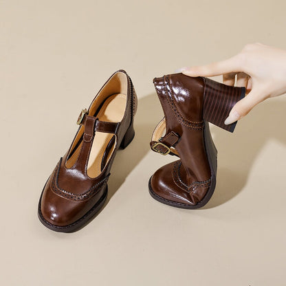 Handmade Leather Brogue T Strap Mary Jane Shoes 55 mm Block Heel In Brown/Black