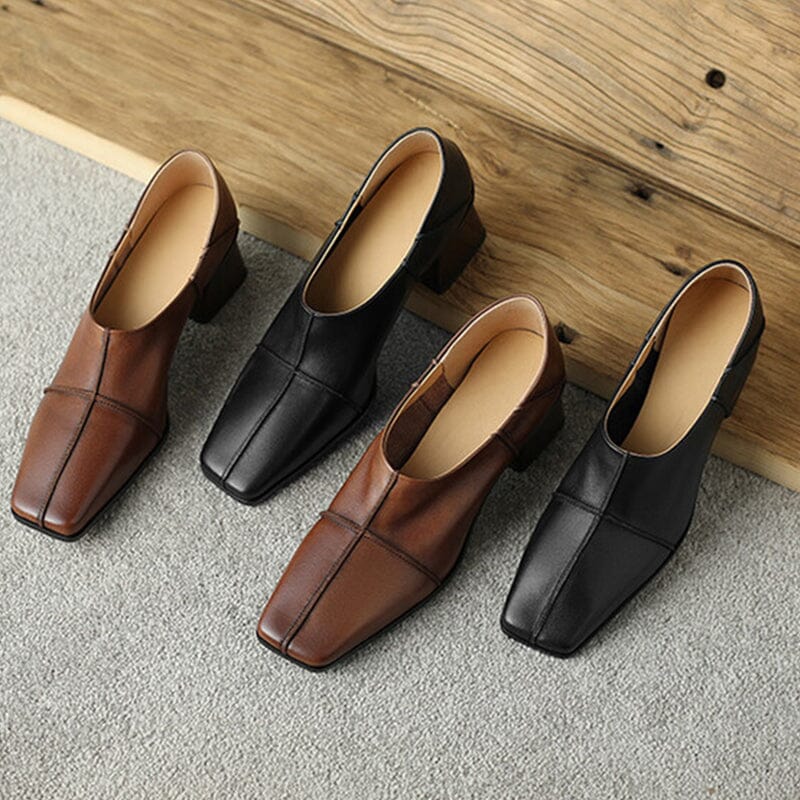 Womens Handmade Soft Leather Square Toe Block Heel Slip On Pumps in Brown/Black