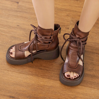 Leather Platform Sandals Boots For Women Peep Toe Gladiator Sandals in Black/Brown/Khaki